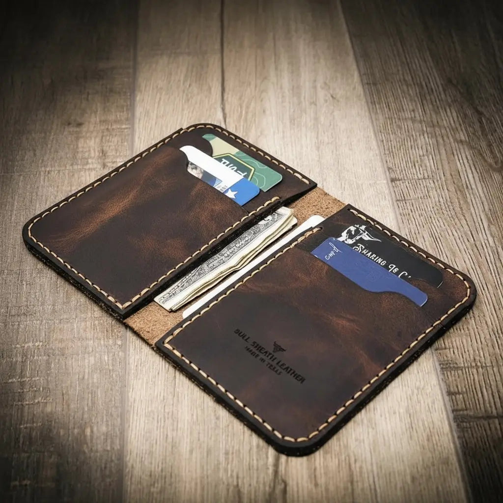 Handmade western vertical leather wallet in walnut brown color, open to show card slots and cash.
