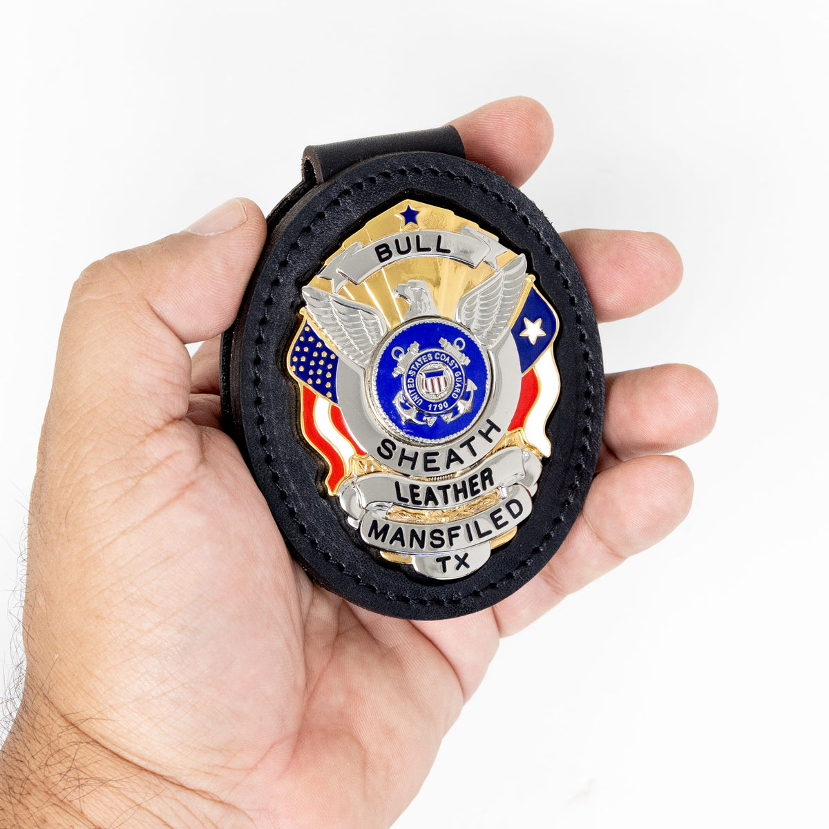Belt badge holder in black full-grain leather, handmade in Texas by Bull Sheath Leather