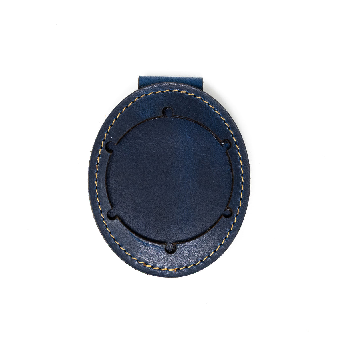 Belt badge holder in blue full-grain leather, handmade in Texas by Bull Sheath Leather