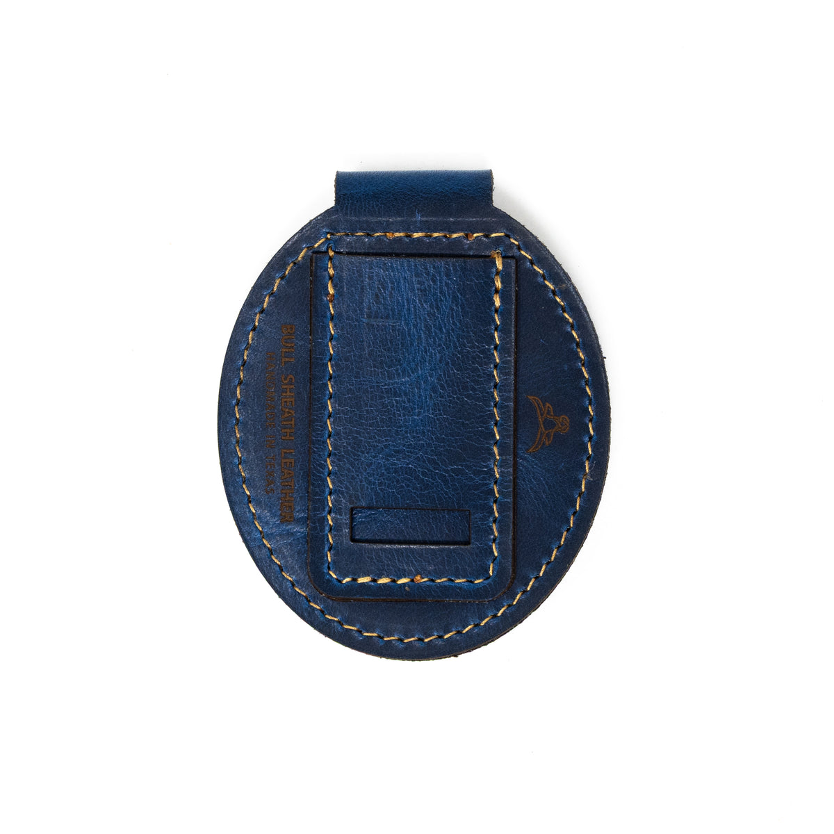 Belt badge holder in blue full-grain leather, handmade in Texas by Bull Sheath Leather