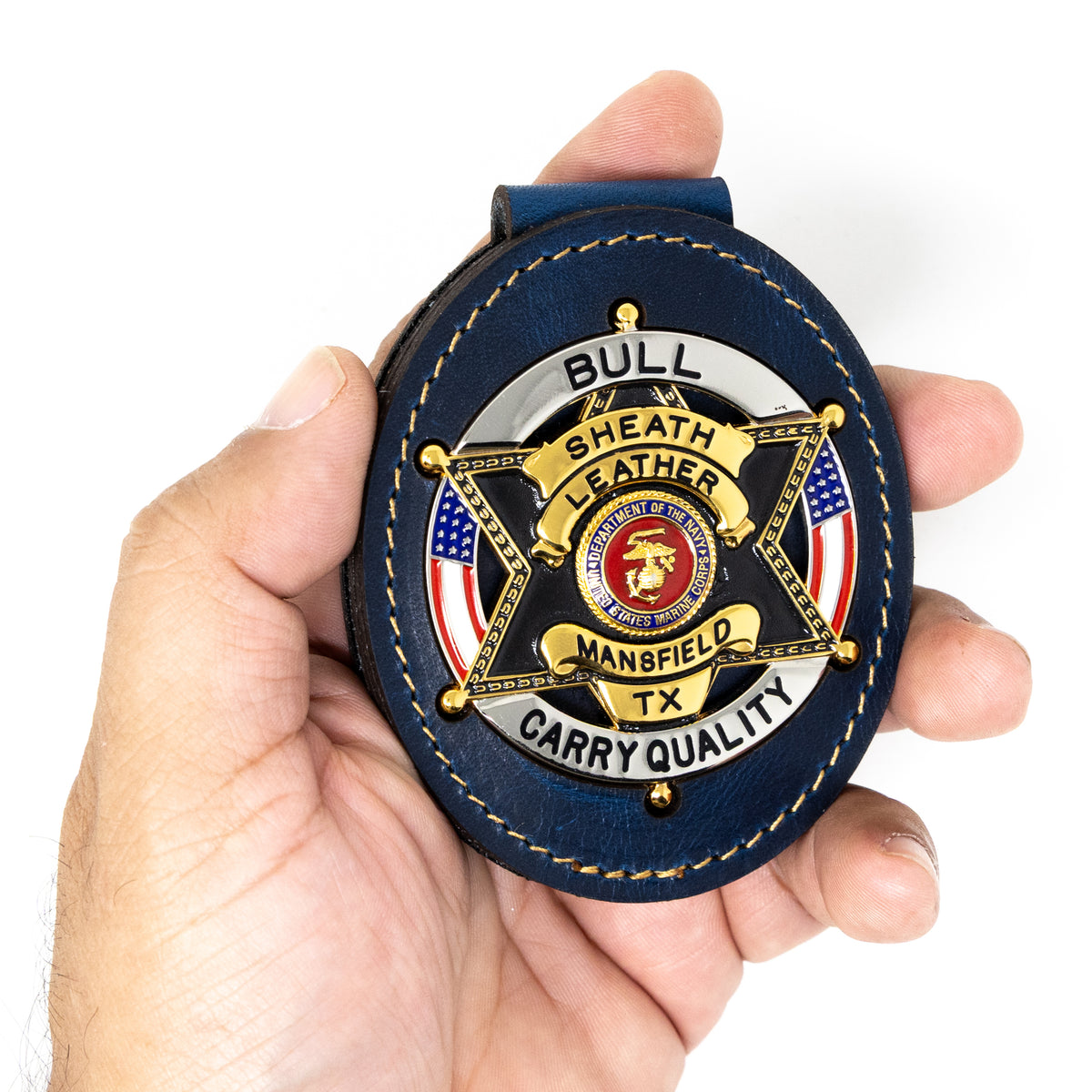 Belt badge holder in blue full-grain leather, handmade in Texas by Bull Sheath Leather