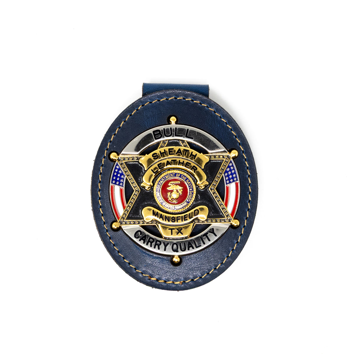 Belt badge holder in blue full-grain leather, handmade in Texas by Bull Sheath Leather