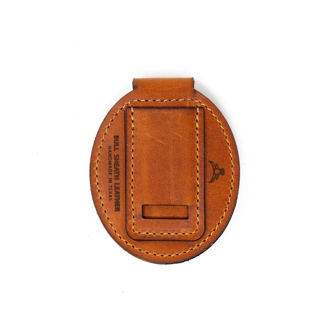 Belt badge holder in chestnut brown full-grain leather, handmade in Texas by Bull Sheath Leather