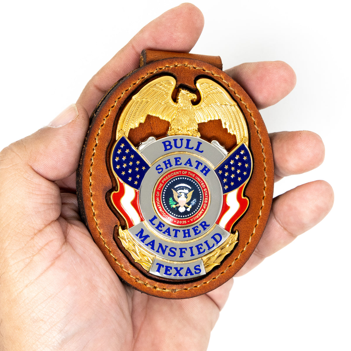 Belt badge holder in chestnut brown full-grain leather, handmade in Texas by Bull Sheath Leather