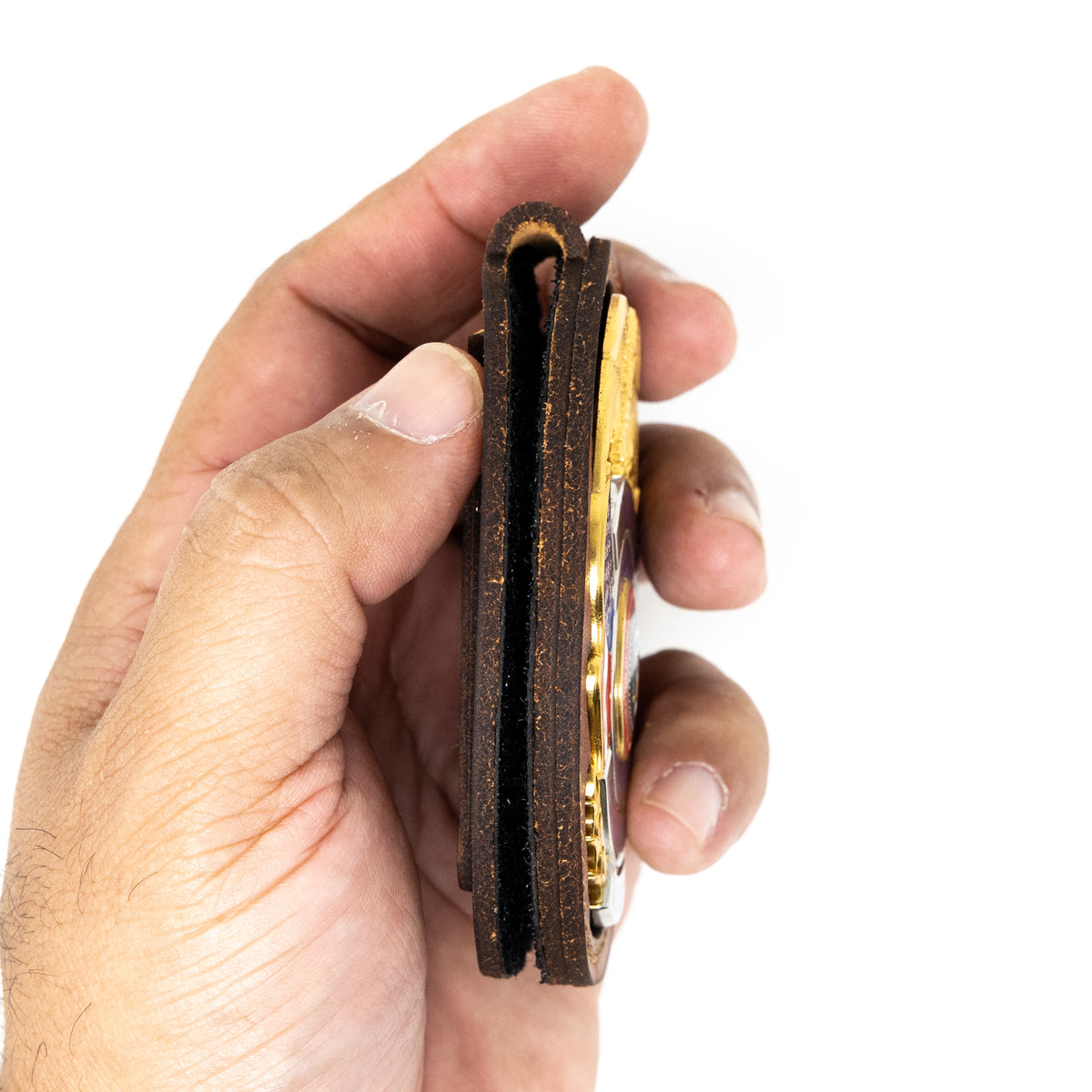 Belt badge holder in chestnut brown full-grain leather, handmade in Texas by Bull Sheath Leather