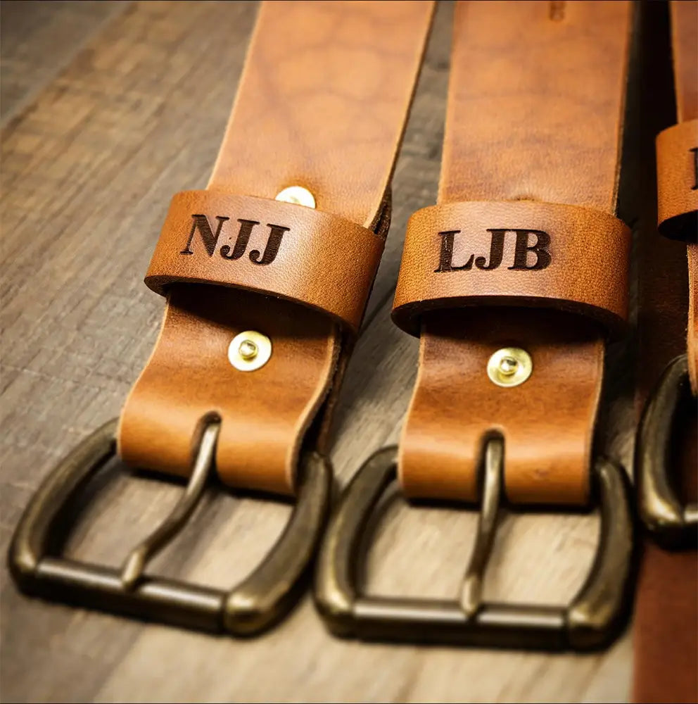 Men's Leather Belt Oak Brown - Monogram Personalization Option - Bull Sheath Leather