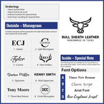 Monogram and special note options for Bull Sheath Leather wallets, featuring multiple monogram styles and special font options.
