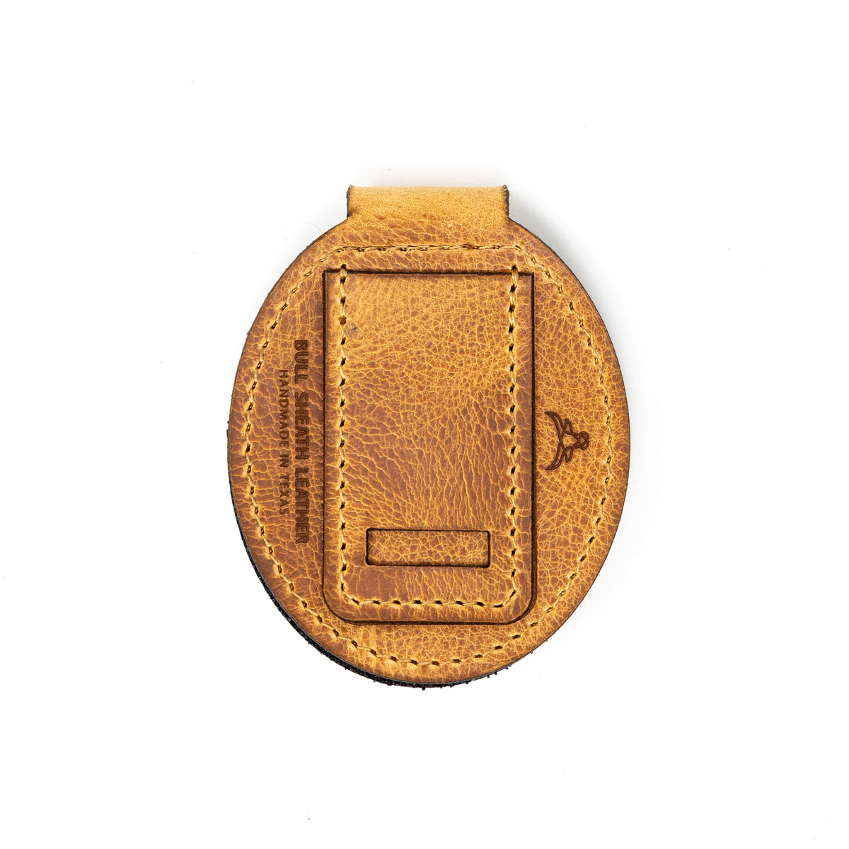 Belt badge holder in saddle tan full-grain leather, handmade in Texas by Bull Sheath Leather