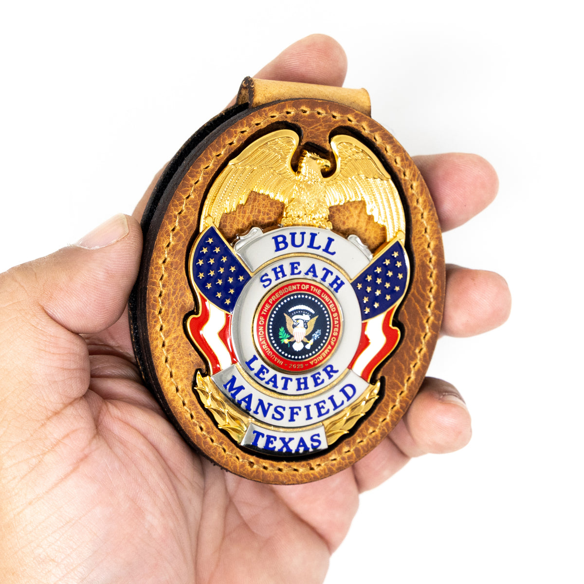 Belt badge holder in saddle tan full-grain leather, handmade in Texas by Bull Sheath Leather