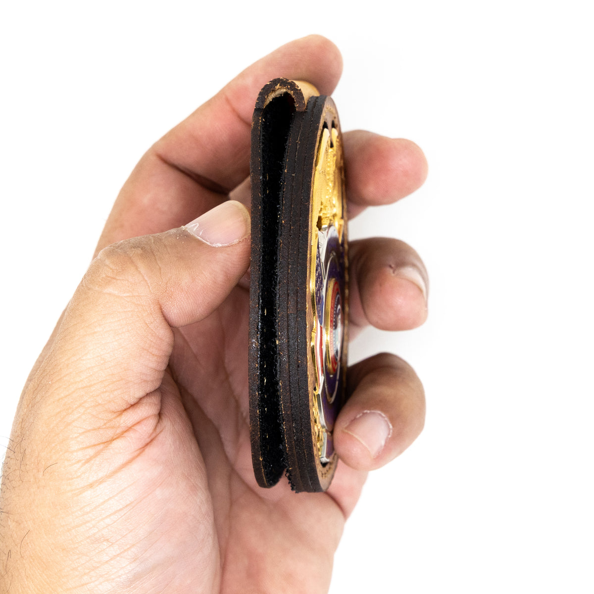 Belt badge holder in saddle tan full-grain leather, handmade in Texas by Bull Sheath Leather