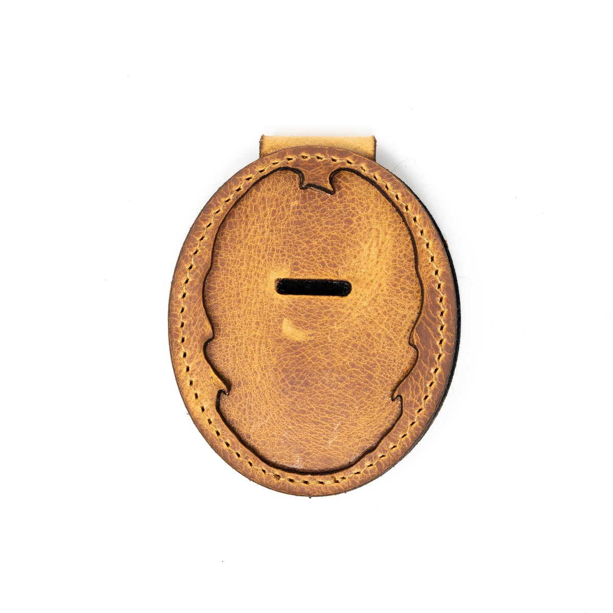 Belt badge holder in saddle tan full-grain leather, handmade in Texas by Bull Sheath Leather