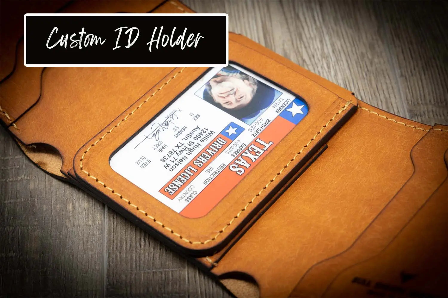 Trinity western trifold wallet in walnut brown leather, featuring a custom ID holder with a visible driver's license.