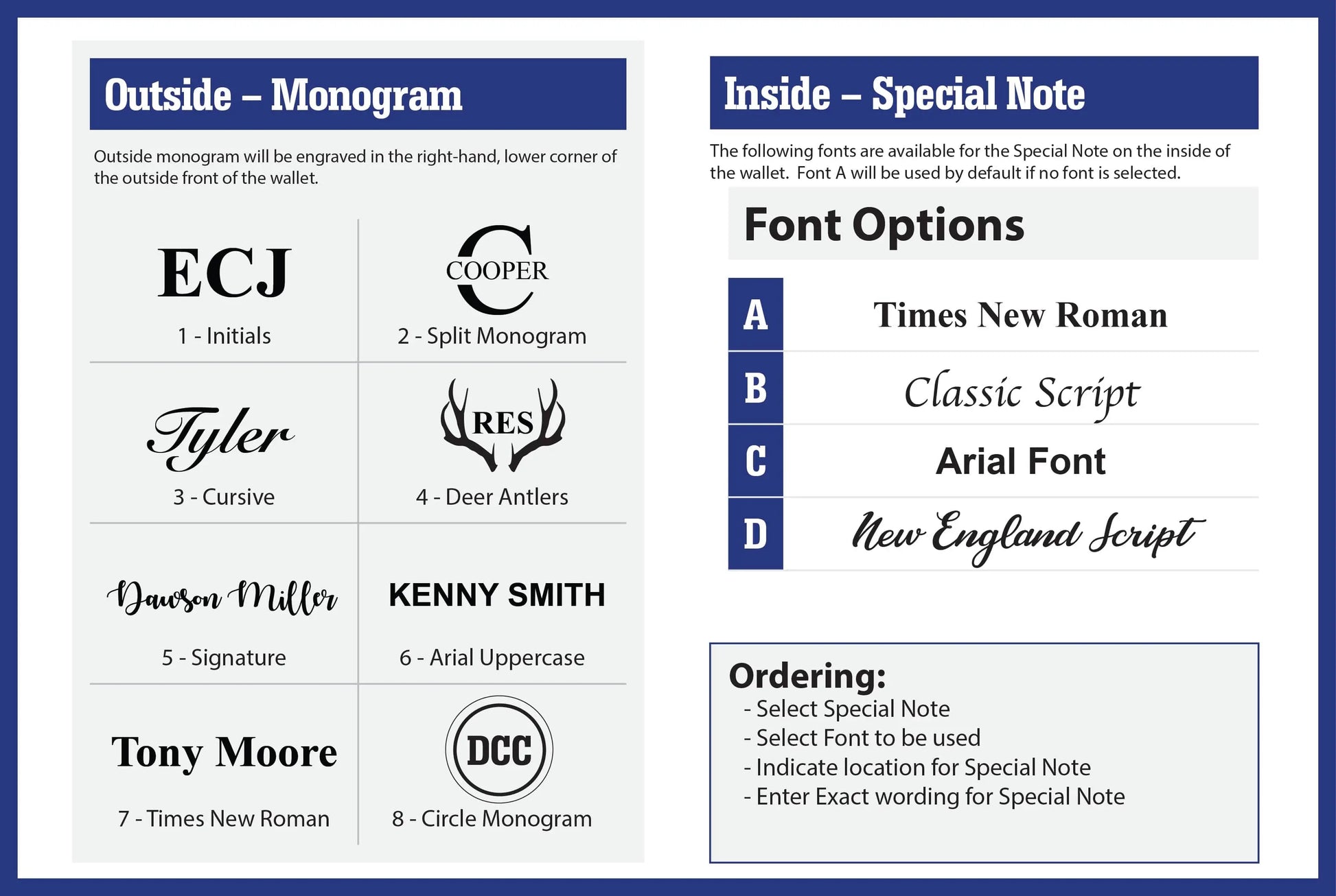 Monogram and special note options for Bull Sheath Leather wallets, featuring multiple monogram styles and special font options.
