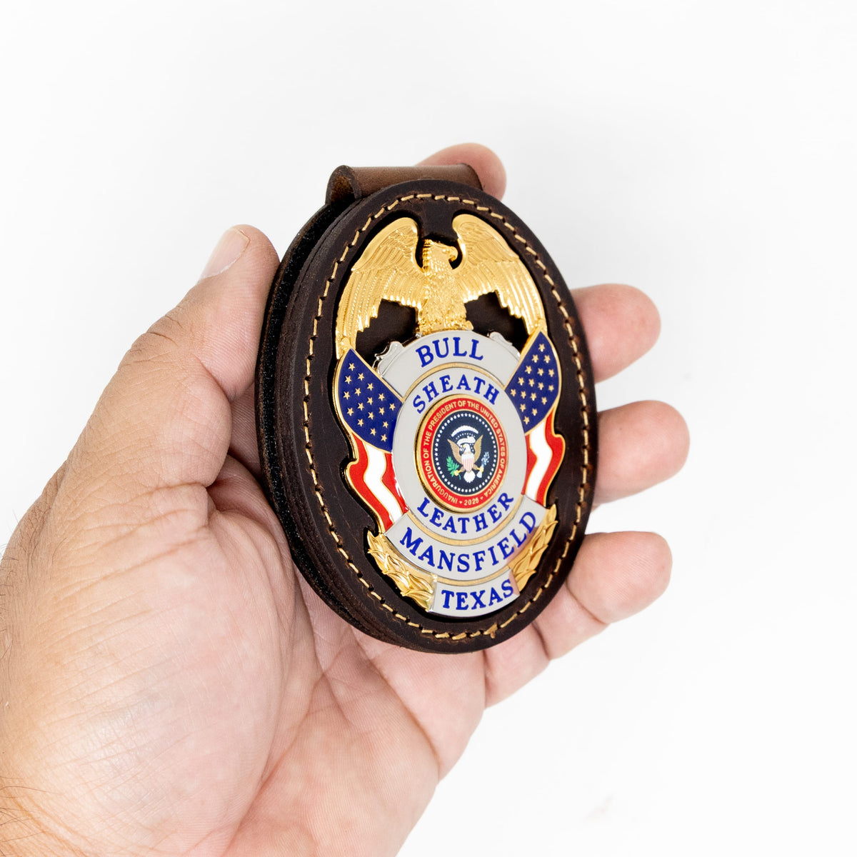 Belt badge holder in walnut brown full-grain leather, handmade in Texas by Bull Sheath Leather