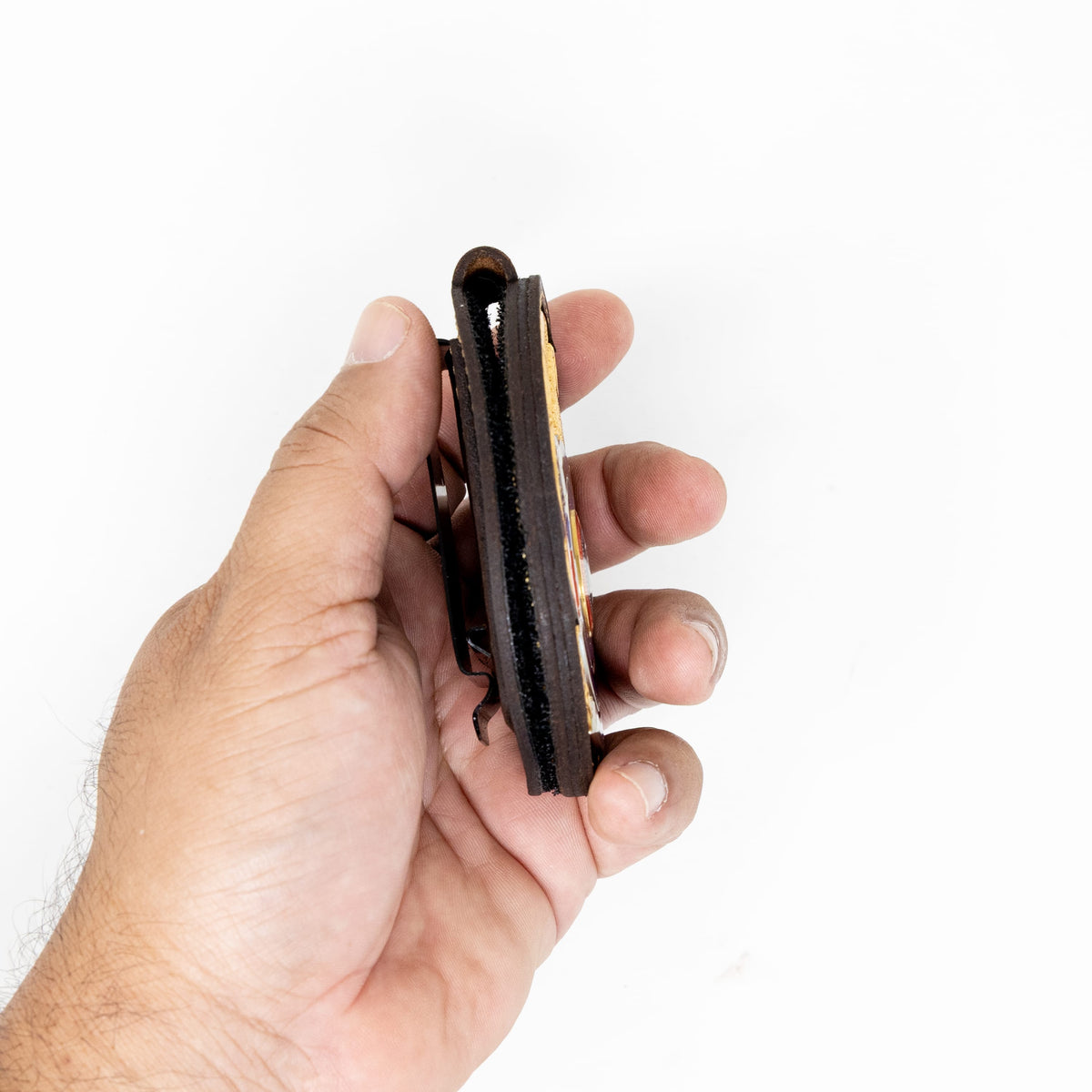 Belt badge holder in walnut brown full-grain leather, handmade in Texas by Bull Sheath Leather