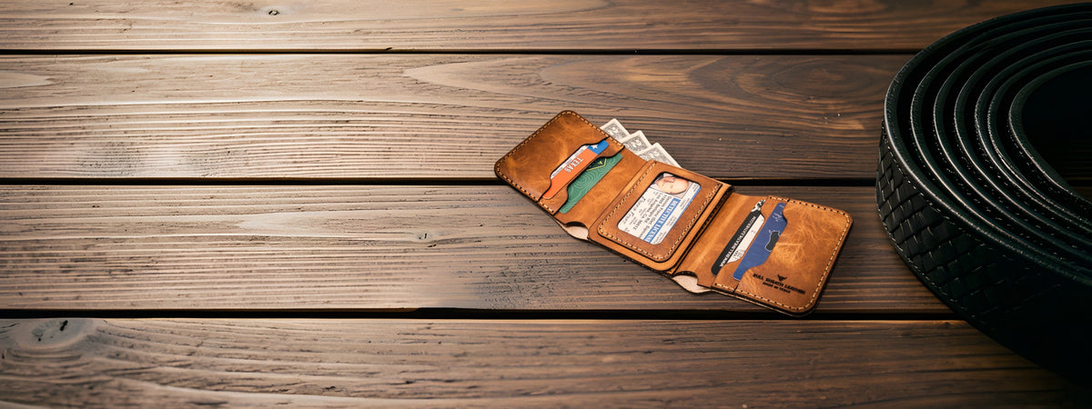 Badge Trifold Wallet in chestnut full-grain leather open with cards and cash on dark wood planks beside a coiled black belt