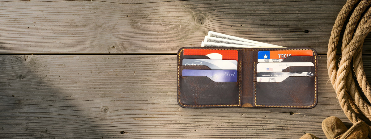 Big Bend Bifold Wallet in brown full-grain leather open with cards and cash on weathered barnwood beside a coiled rope