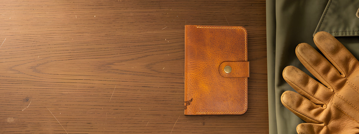 Leather Field Notes Cover in tan full-grain leather closed on a warm oak table beside leather work gloves