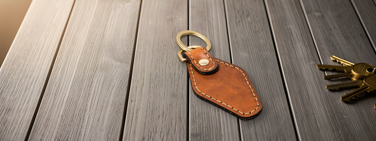 Leather Keychain in chestnut full-grain leather on grey barnwood planks beside a ring of keys