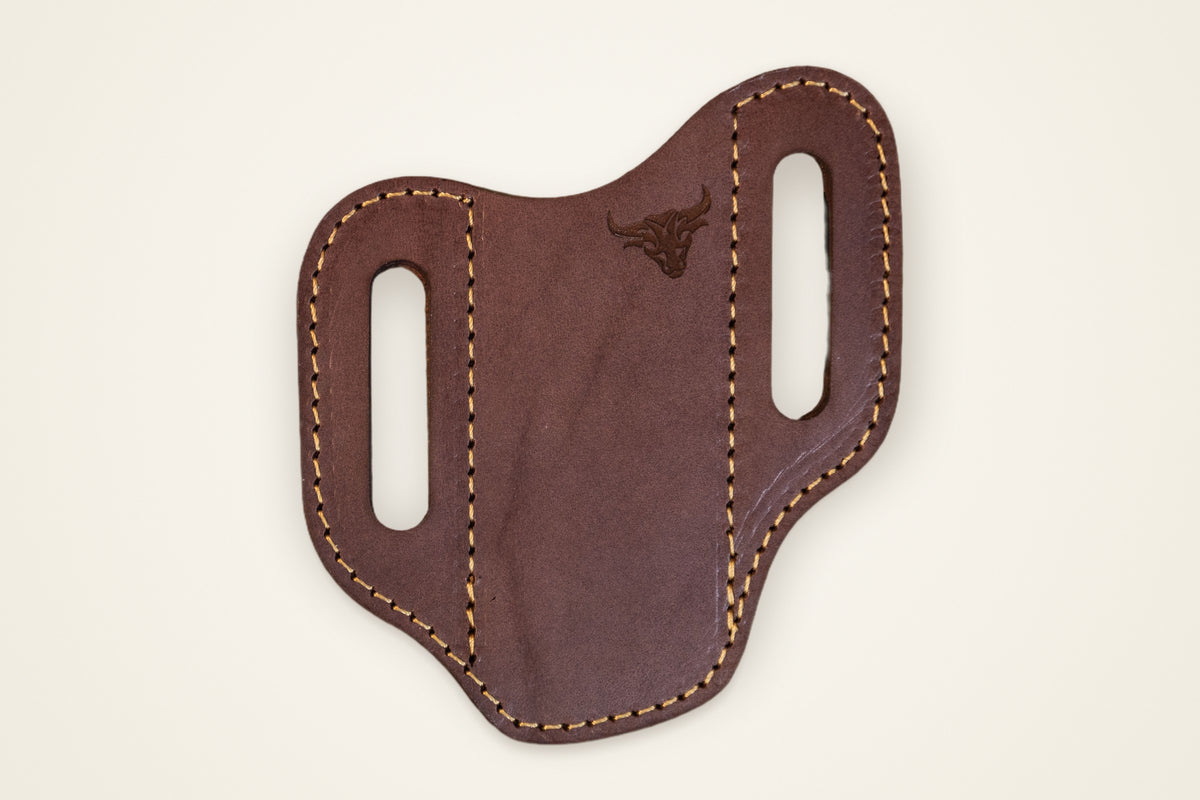 Custom Leather Knife Sheath on a cream background, showing its integrated belt loop, sized for folding knives, horween full-grain leather, stitched in mansfield, texas