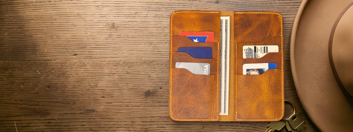 The Houstonian Long Wallet in chestnut full-grain leather open with cards and cash on an oak table beside a felt hat
