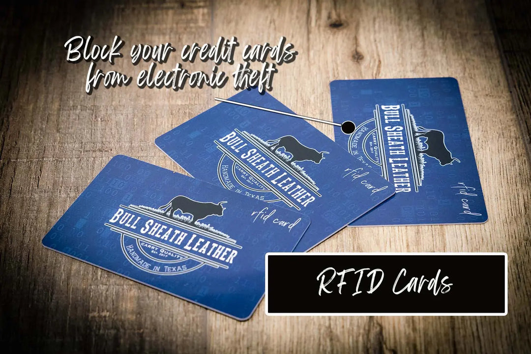 Three blue RFID blocking cards with Bull Sheath Leather branding, designed to protect credit cards from electronic theft.