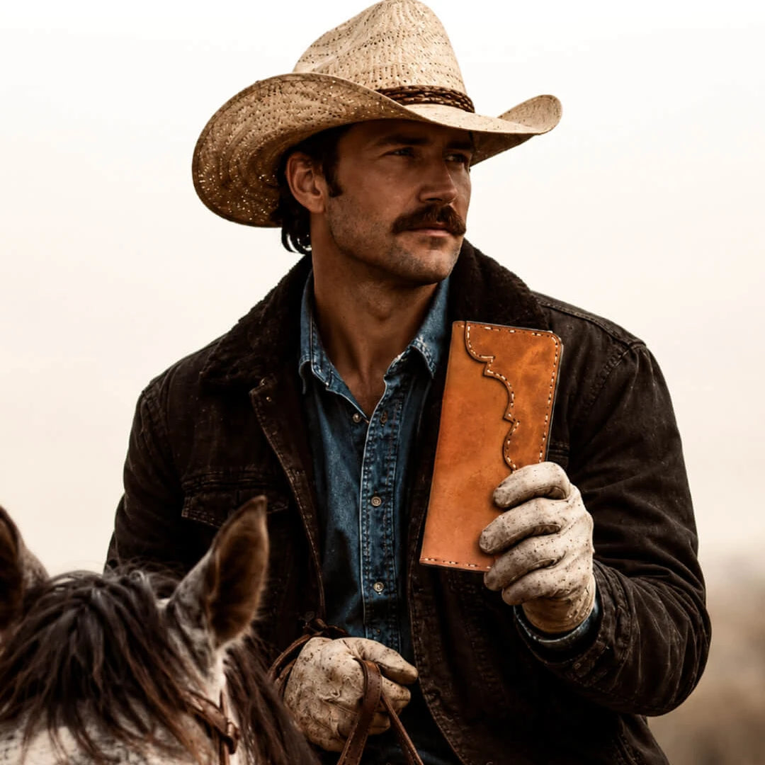 Cowboy on horseback holding a tan western long wallet