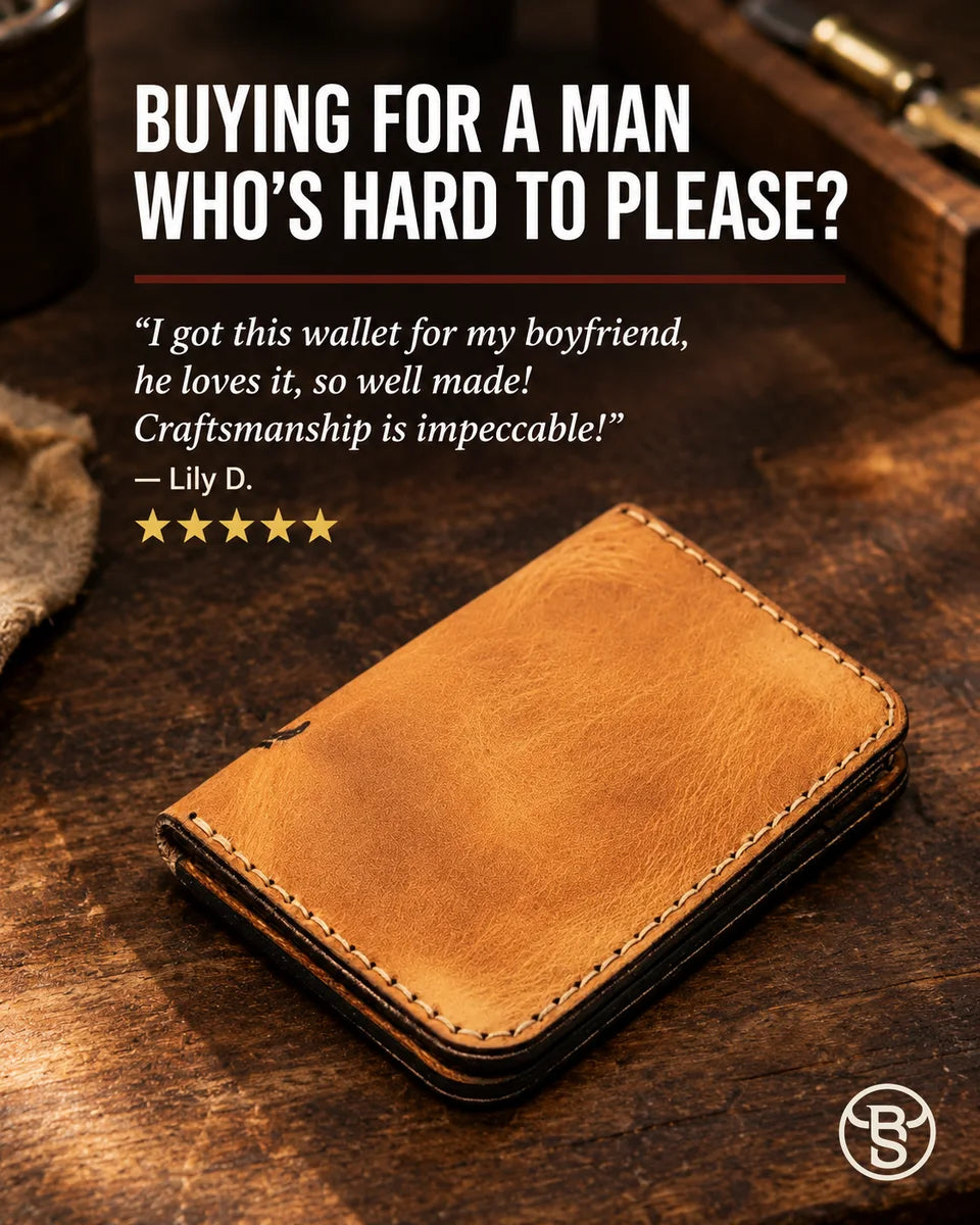 Buying for a man who’s hard to please? Lily D.’s review beside the closed Tyler Vertical Wallet
