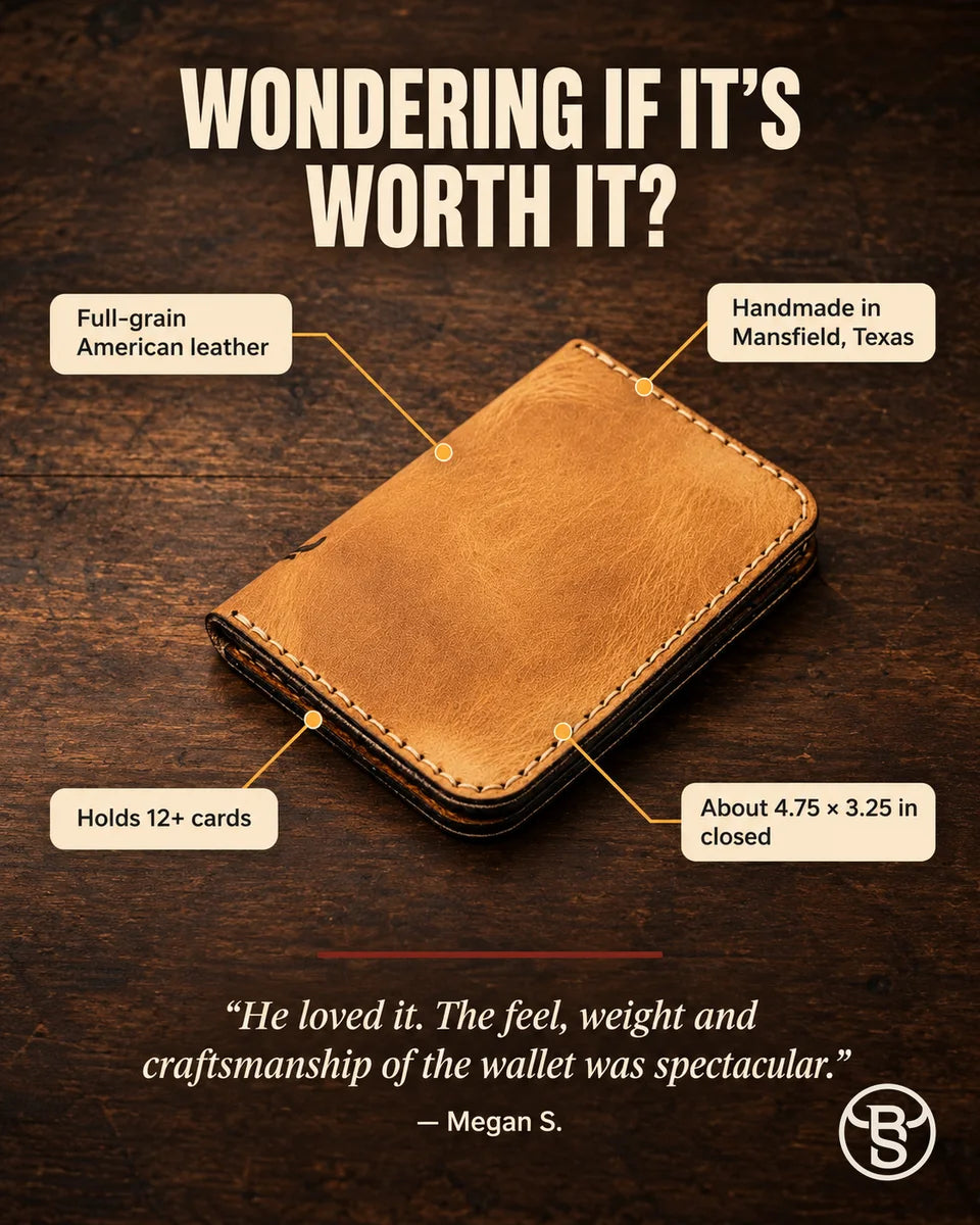 Wondering if it’s worth it? The Tyler with callouts: full-grain American leather, handmade in Mansfield, Texas, holds 12+ cards, about 4.75 by 3.25 inches closed