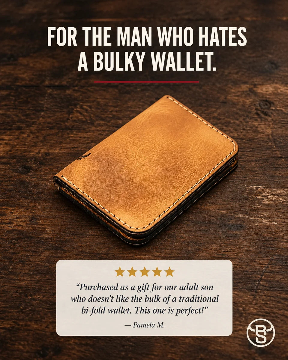 For the man who hates a bulky wallet. Pamela M.’s review beside the closed Tyler Vertical Wallet