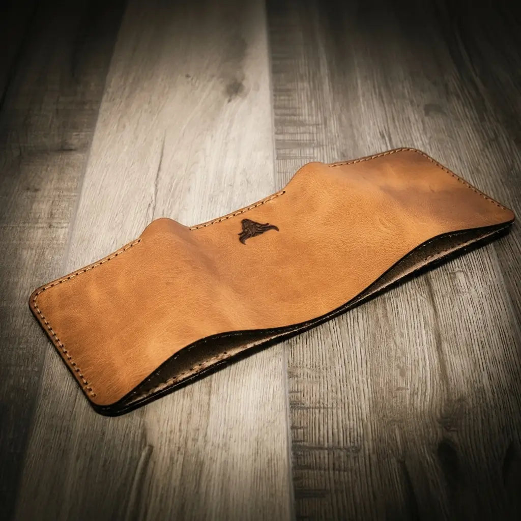 Trinity Trifold in Saddle Tan, actual open exterior, no engraving