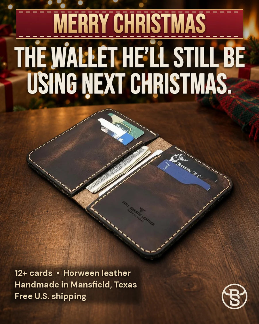 The wallet he’ll still be using next Christmas. The open Tyler Vertical Wallet with 12+ cards, Horween leather, handmade in Mansfield, Texas
