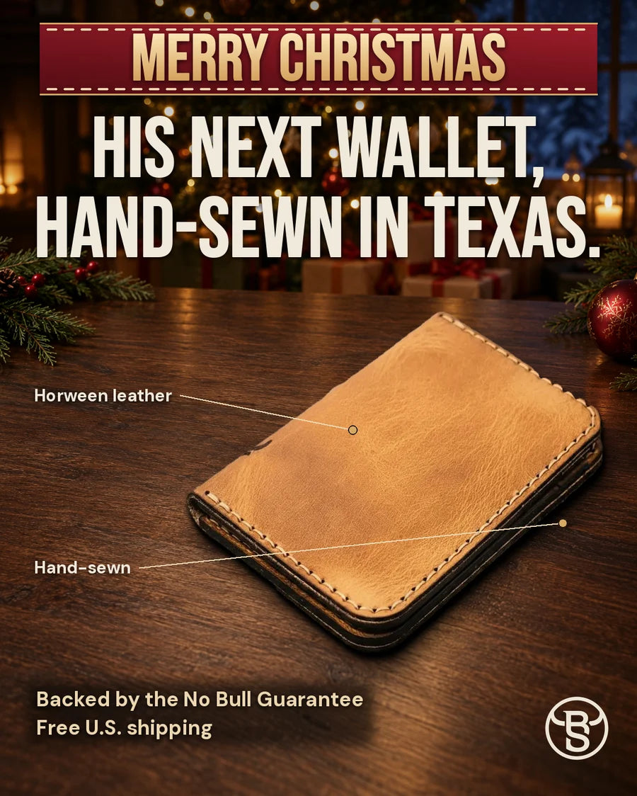 His next wallet, hand-sewn in Texas. The closed Saddle Tan Tyler with callouts for Horween leather and hand-sewn